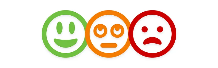 Illustrating customer experience, three emoticons: a green happy face on the left, an orange neutral face in the middle, and a red sad face on the right.