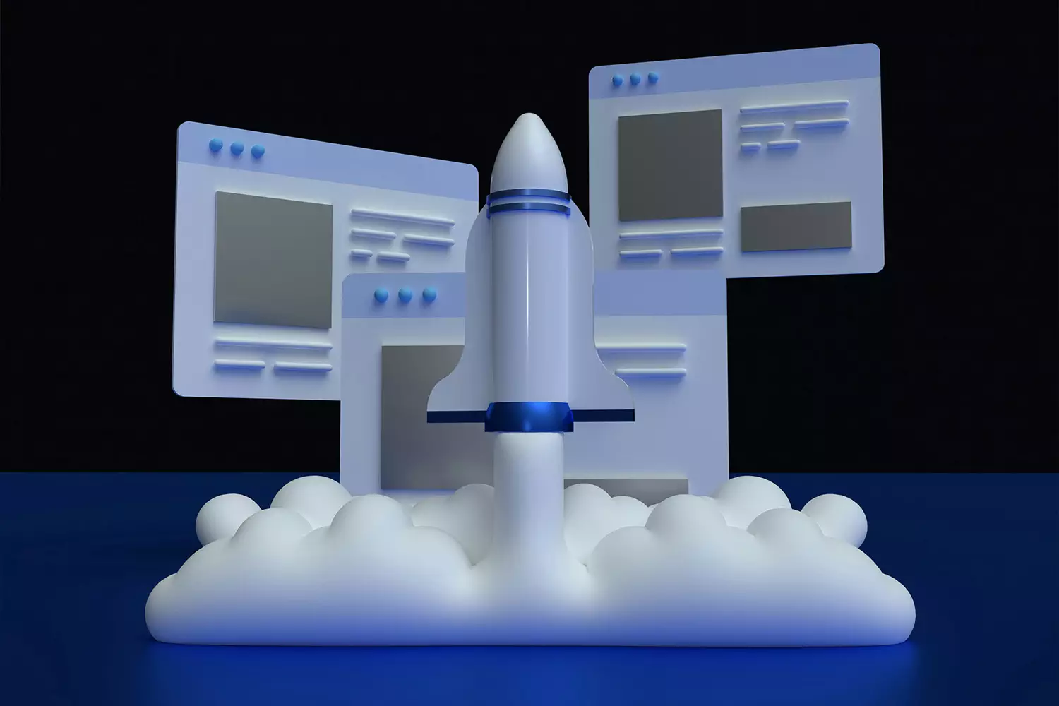 A 3D illustration of a rocket launching from clouds, accompanied by three webpage-like interfaces in the background, set against a dark blue and black gradient backdrop that hints at cutting-edge CMS development.